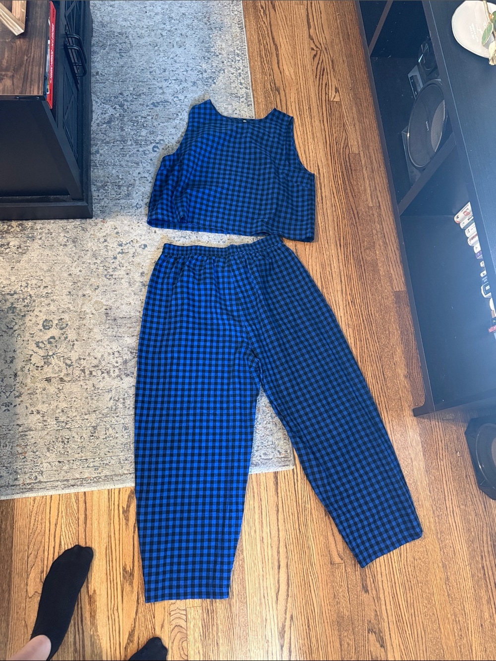Blue Gingham Two-Piece Jumpsuit Set - Sleeveless Crop Top & Pants